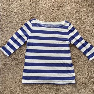 White/royal blue striped 3/4 sleeve shirt loft L